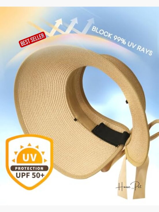 Wide Brim Straw Visor Hat Foldable UPF 50+ Ponytail Summer Beach main image 6